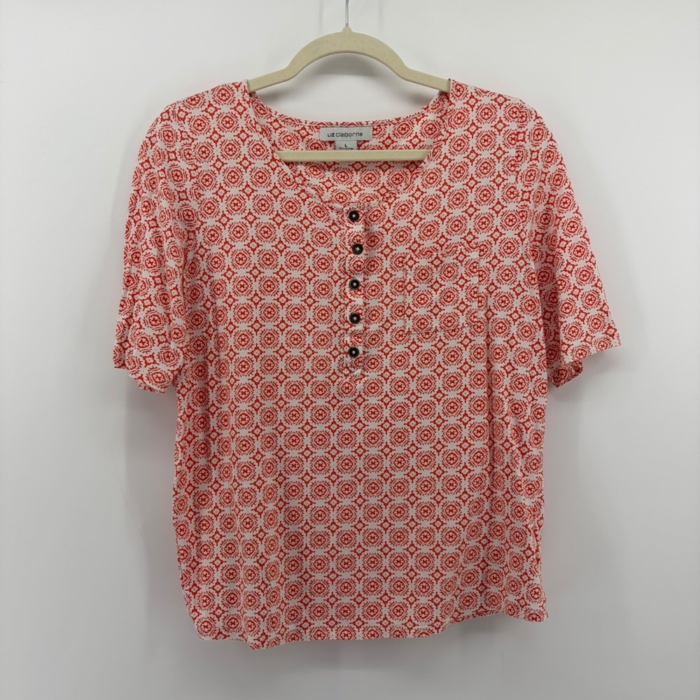 Liz Claiborne Henley Top Orange White Geometric Large Short Sleeve Cotton Blend